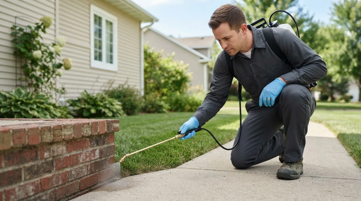 Pest control technician treating a home near New Riegel, OH